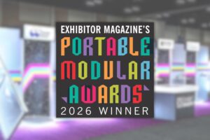 Exhibit Concepts award-winning modular exhibits at EXHIBITORLIVE 2025 and ProMat 2025, featuring immersive in-line timeline display and interactive rental booth with AR warehouse experience