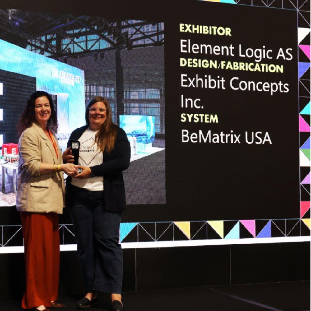 Exhibit Concepts award-winning modular exhibits at EXHIBITORLIVE 2025 and ProMat 2025, featuring immersive in-line timeline display and interactive rental booth with AR warehouse experience.
